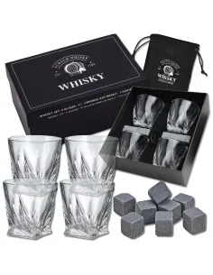 4x SZKLANKI do WHISKY w Eleganckim Pudełku + 8x Kamienie BAZALTOWE