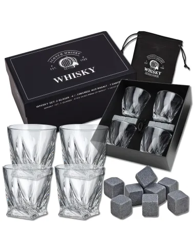 4x SZKLANKI do WHISKY w Eleganckim Pudełku + 8x Kamienie BAZALTOWE