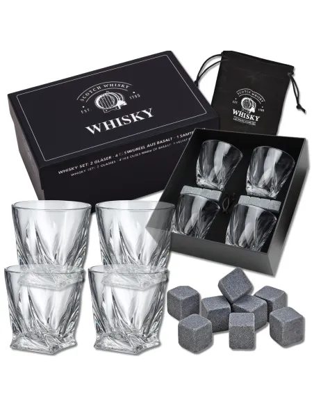 4x SZKLANKI do WHISKY w Eleganckim Pudełku + 8x Kamienie BAZALTOWE
