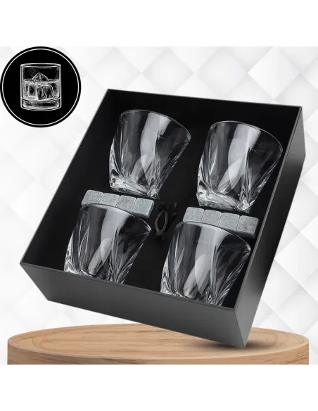4x SZKLANKI do WHISKY w Eleganckim Pudełku + 8x Kamienie BAZALTOWE