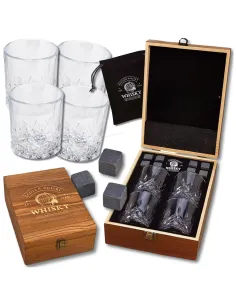 4x SZKLANKI do WHISKY W Drewnianej SZKATUŁCE + 8x Kamienie BAZALTOWE