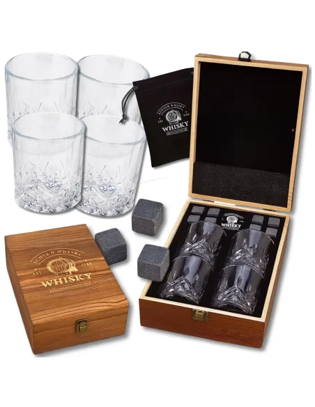 4x SZKLANKI do WHISKY W Drewnianej SZKATUŁCE + 8x Kamienie BAZALTOWE