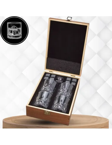 4x SZKLANKI do WHISKY W Drewnianej SZKATUŁCE + 8x Kamienie BAZALTOWE