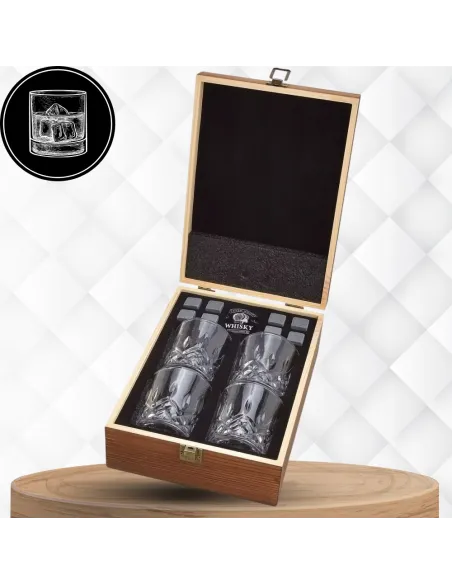 4x SZKLANKI do WHISKY W Drewnianej SZKATUŁCE + 8x Kamienie BAZALTOWE