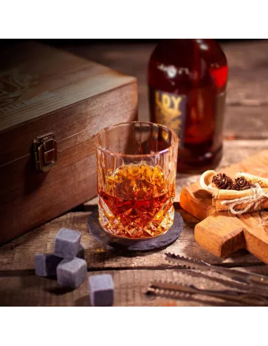 4x SZKLANKI do WHISKY W Drewnianej SZKATUŁCE + 8x Kamienie BAZALTOWE