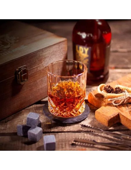 4x SZKLANKI do WHISKY W Drewnianej SZKATUŁCE + 8x Kamienie BAZALTOWE