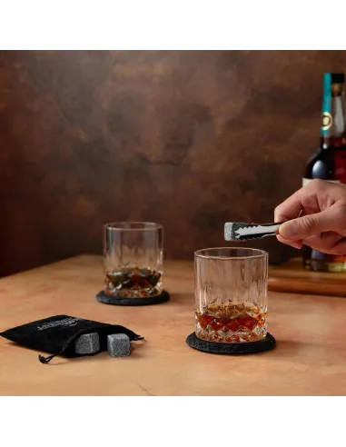 4x SZKLANKI do WHISKY W Drewnianej SZKATUŁCE + 8x Kamienie BAZALTOWE