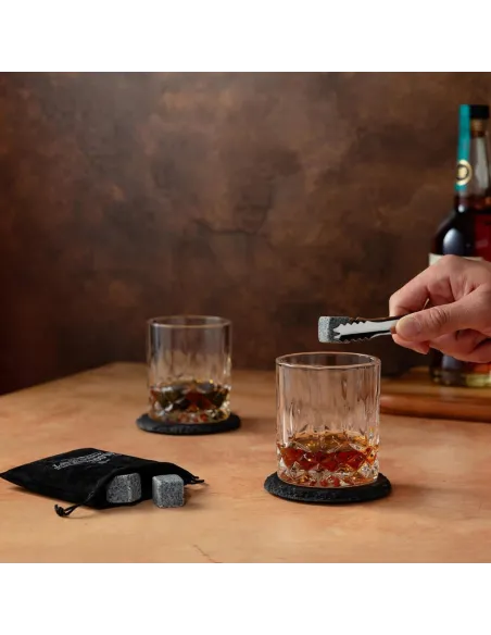 4x SZKLANKI do WHISKY W Drewnianej SZKATUŁCE + 8x Kamienie BAZALTOWE