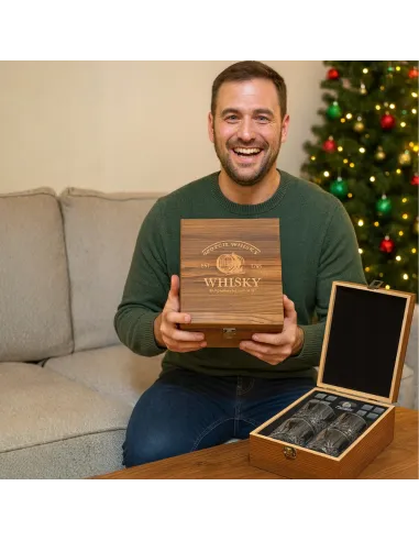 4x SZKLANKI do WHISKY W Drewnianej SZKATUŁCE + 8x Kamienie BAZALTOWE