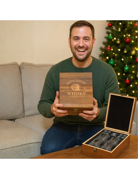 4x SZKLANKI do WHISKY W Drewnianej SZKATUŁCE + 8x Kamienie BAZALTOWE