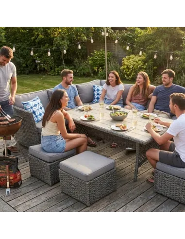 DUŻY Zestaw Mebli OGRODOWYCH Narożnik + STÓŁ + 3x PUFA TECHNORATTAN Premium