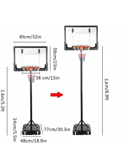 ZESTAW KOMPLET do KOSZA Koszykówki Kosz Stojak Regulowany 160-260cm