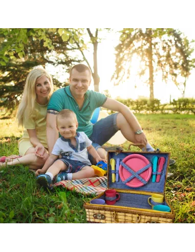 WIKLINOWY KOSZ PIKNIKOWY ZESTAW DLA 4 OSÓB ZASTAWA Z TALERZAMI SZTUĆCAMI