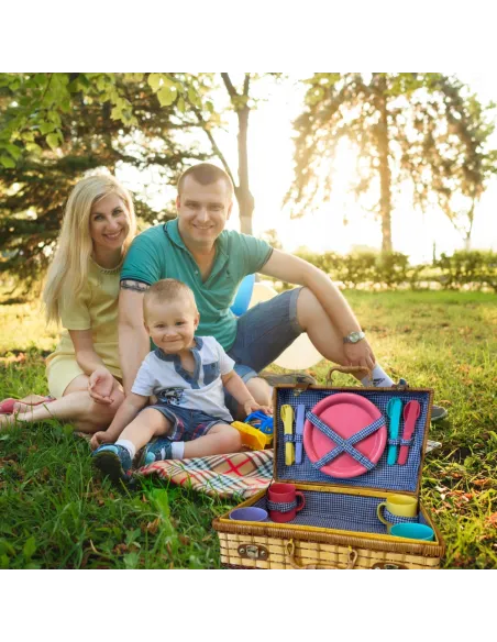 WIKLINOWY KOSZ PIKNIKOWY ZESTAW DLA 4 OSÓB ZASTAWA Z TALERZAMI SZTUĆCAMI