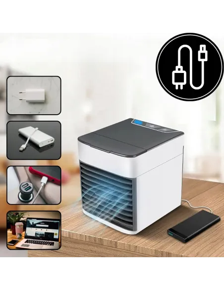 KLIMATOR PRZENOŚNY BIURKOWY WIATRAK NA WODĘ i LÓD 3W1 WENTYLATOR LED USB
