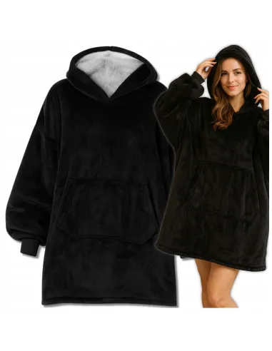 KOC BLUZA OVERSIZE CIEPŁA 2W1 GRUBA FUTRZAK KOCOBLUZA Z KAPTUREM CZARNY