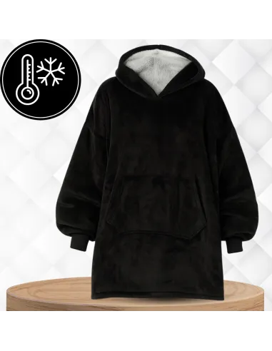 KOC BLUZA OVERSIZE CIEPŁA 2W1 GRUBA FUTRZAK KOCOBLUZA Z KAPTUREM CZARNY