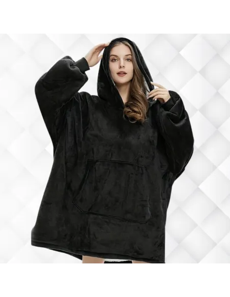 KOC BLUZA OVERSIZE CIEPŁA 2W1 GRUBA FUTRZAK KOCOBLUZA Z KAPTUREM CZARNY