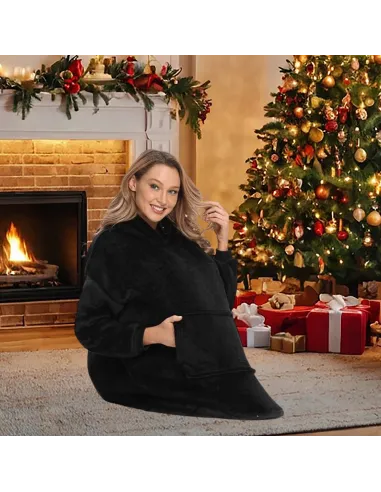KOC BLUZA OVERSIZE CIEPŁA 2W1 GRUBA FUTRZAK KOCOBLUZA Z KAPTUREM CZARNY