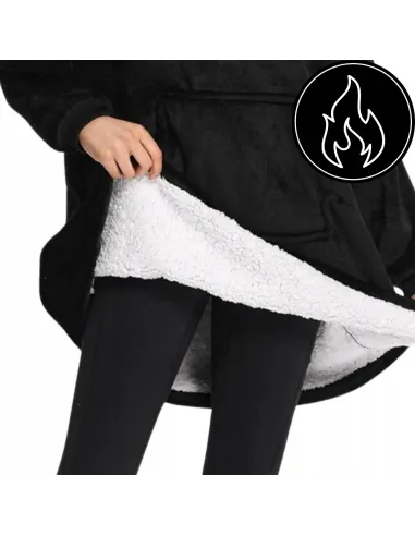 KOC BLUZA OVERSIZE CIEPŁA 2W1 GRUBA FUTRZAK KOCOBLUZA Z KAPTUREM CZARNY