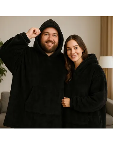 KOC BLUZA OVERSIZE CIEPŁA 2W1 GRUBA FUTRZAK KOCOBLUZA Z KAPTUREM CZARNY