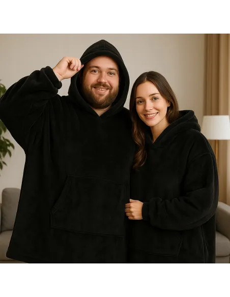 KOC BLUZA OVERSIZE CIEPŁA 2W1 GRUBA FUTRZAK KOCOBLUZA Z KAPTUREM CZARNY