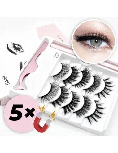 Rzęsy Magnetyczne 5 PAR Sztuczne DŁUGIE Zestaw XXXL + PĘSETA + EYELINER