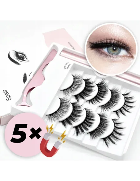 Rzęsy Magnetyczne 5 PAR Sztuczne DŁUGIE Zestaw XXXL + PĘSETA + EYELINER