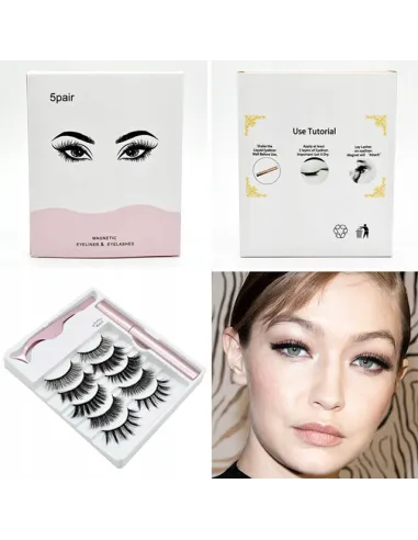 Rzęsy Magnetyczne 5 PAR Sztuczne DŁUGIE Zestaw XXXL + PĘSETA + EYELINER