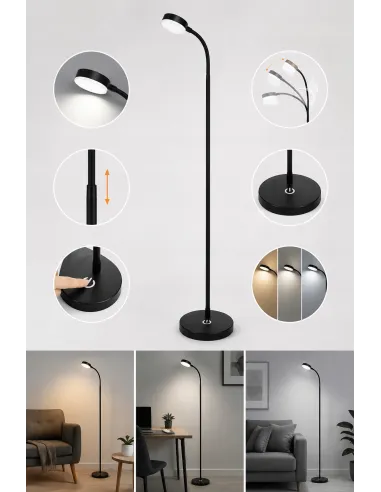 CZARNA Lampa PODŁOGOWA LED 3 Tryby Światła ŚCIEMNIACZ Salon Sypialnia