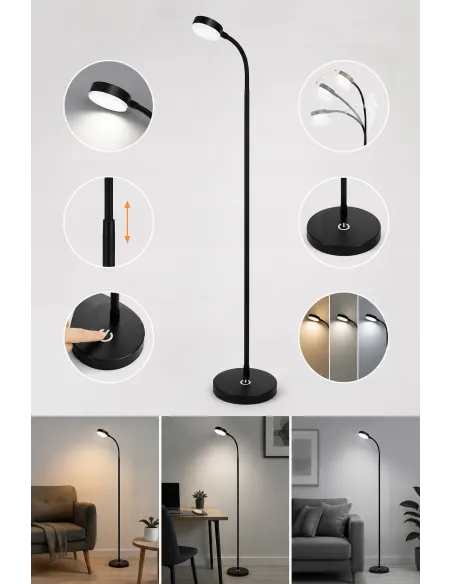 CZARNA Lampa PODŁOGOWA LED 3 Tryby Światła ŚCIEMNIACZ Salon Sypialnia