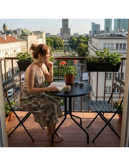 Stolik Ogrodowy Kawowy na Taras Balkon Czarny Okrągły Szklany 60cm PALMA