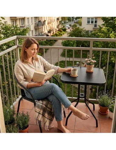 Stolik Ogrodowy Kawowy na Taras Balkon Czarny Kwadratowy Szklany 60cm