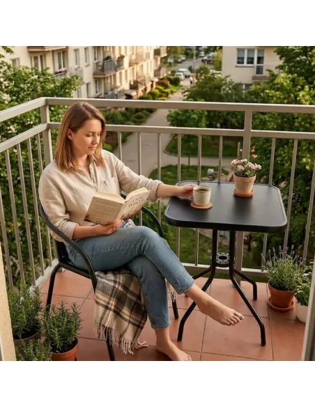 Stolik Ogrodowy Kawowy na Taras Balkon Czarny Kwadratowy Szklany 60cm