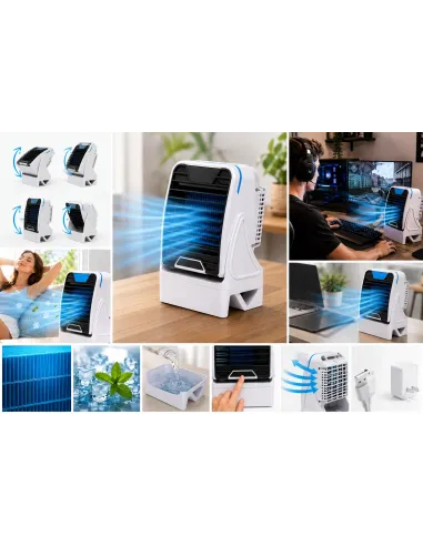 KLIMATOR PRZENOŚNY BIURKOWY WIATRAK NA WODĘ i LÓD 3W1 WENTYLATOR USB + AKU