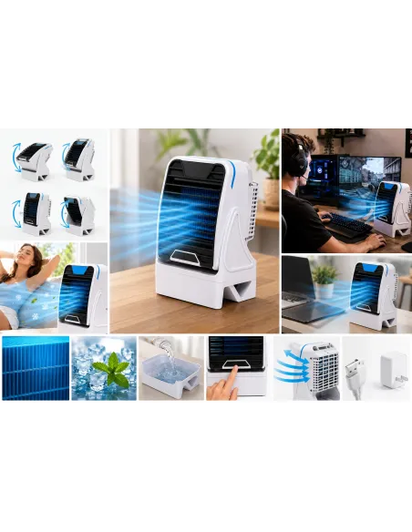KLIMATOR PRZENOŚNY BIURKOWY WIATRAK NA WODĘ i LÓD 3W1 WENTYLATOR USB + AKU