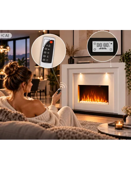 KOMINEK Elektryczny z ogrzewaniem LED Płomień2000W PILOT Timer Biały 113cm