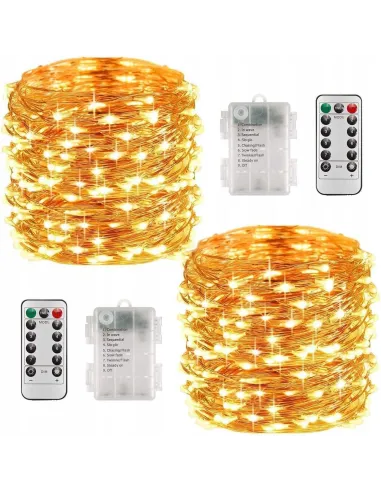 2x LAMPKI DRUCIKI LED 8M 100 LAMPEK CIEPŁE NA BATERIE + PILOT W Sumie 16m