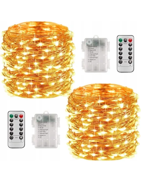 2x LAMPKI DRUCIKI LED 8M 100 LAMPEK CIEPŁE NA BATERIE + PILOT W Sumie 16m