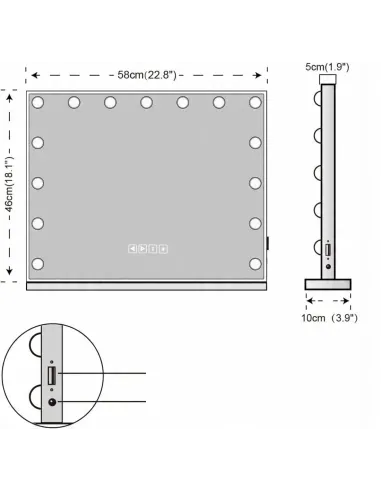 Lustro Lusterko Kosmetyczne HOLYWOOD 58 x 46 cm 15 LED z BLUETOOTH