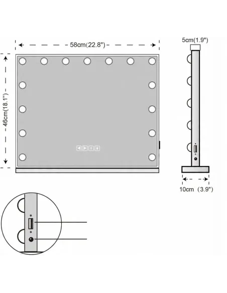 Lustro Lusterko Kosmetyczne HOLYWOOD 58 x 46 cm 15 LED z BLUETOOTH
