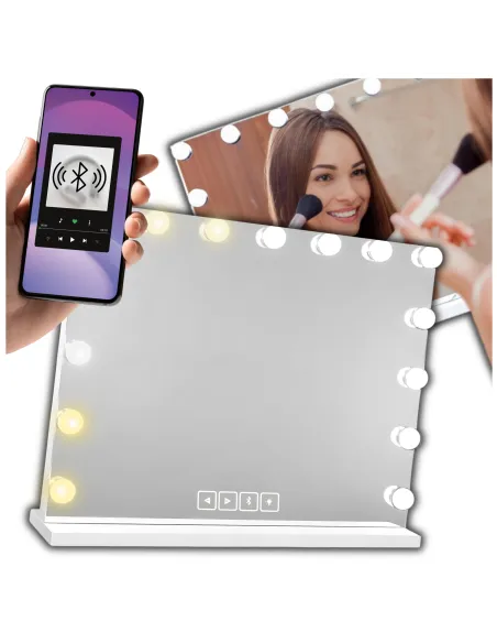 Lustro Lusterko Kosmetyczne HOLYWOOD 58 x 46 cm 15 LED z BLUETOOTH