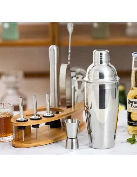 ZESTAW BARMAŃSKI do Drinków SHAKER 750ml Bambusowa Podstawa 11el