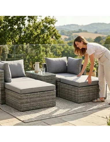 ZESTAW Mebli OGRODOWYCH Narożnik MODUŁOWY Fotel Stolik Podnóżek Rattan