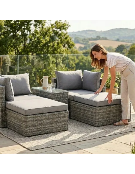 ZESTAW Mebli OGRODOWYCH Narożnik MODUŁOWY Fotel Stolik Podnóżek Rattan