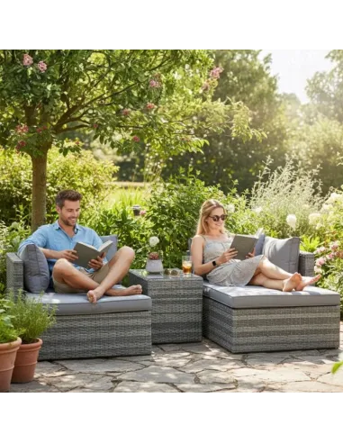 ZESTAW Mebli OGRODOWYCH Narożnik MODUŁOWY Fotel Stolik Podnóżek Rattan