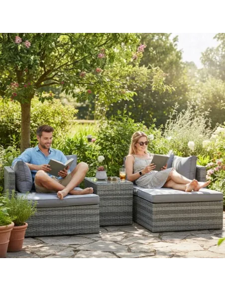 ZESTAW Mebli OGRODOWYCH Narożnik MODUŁOWY Fotel Stolik Podnóżek Rattan