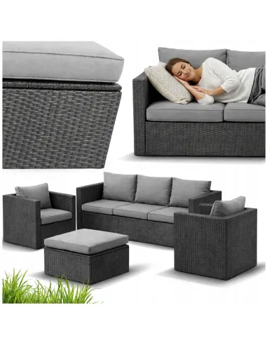 DUŻY Zestaw Mebli OGRODOWYCH Acero 2xFotel Sofa Stolik/Pufa TECHNORATTAN