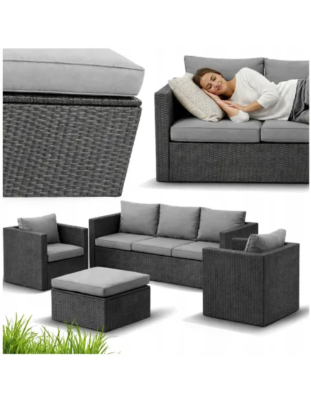 DUŻY Zestaw Mebli OGRODOWYCH Acero 2xFotel Sofa Stolik/Pufa TECHNORATTAN