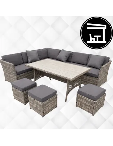 DUŻY Zestaw Mebli OGRODOWYCH Narożnik + STÓŁ + 3x PUFA TECHNORATTAN Premium